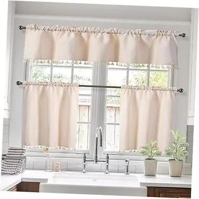  Kitchen Curtains Valance And Tiers Set Linen Cafe 59  X 24  3pc Set Beige • $33.58