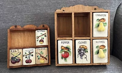 Vintage Wooden Spice Box Rack Storage Cabinet Ceramic Fruit Jars Shakers Japan • $11.23