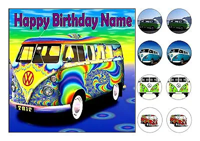£4.25 • Buy V W CAMPER VAN CAKE TOPPER SQUARE EDIBLE ICED ICING 7.5 Ins  + 8 CUPCAKE TOPPERS