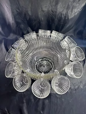 Vintage Indiana Glass Colony Starlight Punch Bowl + 12 Cups 1960s Clear Crystal • $45