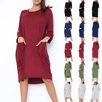 £7.99 • Buy Women Side Pockets Fleece Baggy Ladies High Low Turn Up Sleeve Sweatshirt Dress