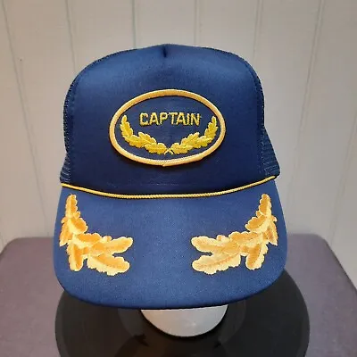 Vintage Captain Trucker Hat Cap Snap Back Navy Blue & Gold Rope And Patch • $12