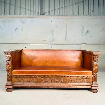 A Stunning Dutch 19th C Carved Oak And Leather Hall Seat Settle Bench #938 • £1450