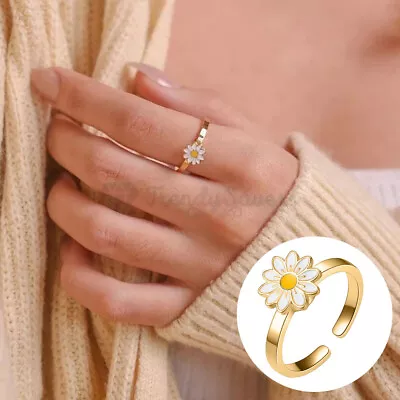 18K Gold Plated Daisy Flower Anti-anxiety Fidget Spinner Open Adjustable Ring 1x • £4.99