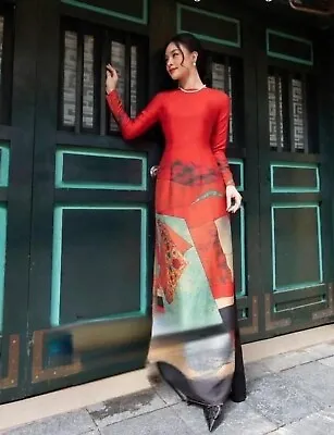 Ao Dai Vietnamese Silk Designer Flowers Long Dress. Size L • $38