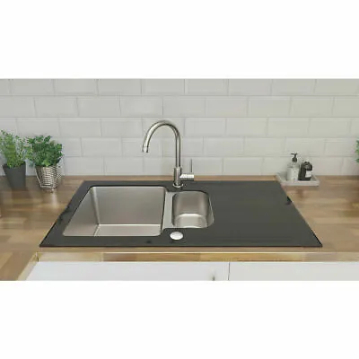 £59.99 • Buy Christianna Black Stainless Steel & Toughened Glass 1.5 Bowl Sink & Drainer