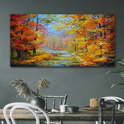 Oil Painting Forest Trees Autumn Canvas Print 120x60 Picture Hanging Wall Art • £88.95