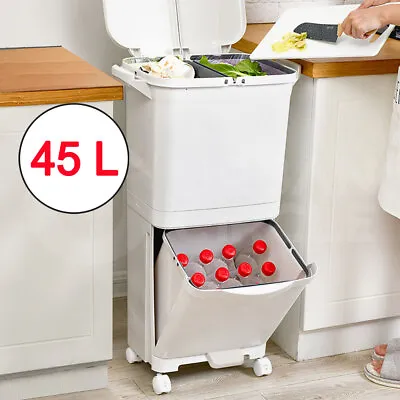 45L Kitchen Bin Waste Sorting Trash Bins 3 Lid Garbage Recycling Wheels 2 Layer • $49.99