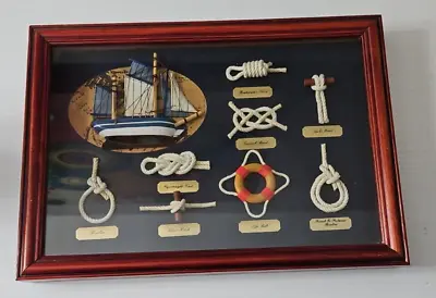 Sailor’s Nautical Knot Shadow Box With Ship And 8 Rope Knots In Wood Frame 10x14 • £19.23