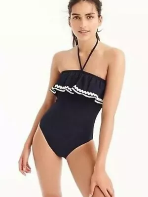 NWT Womens J Crew Bandeau Ruffle One Piece Swim Bathing Suit Navy Blue White 6 • $52