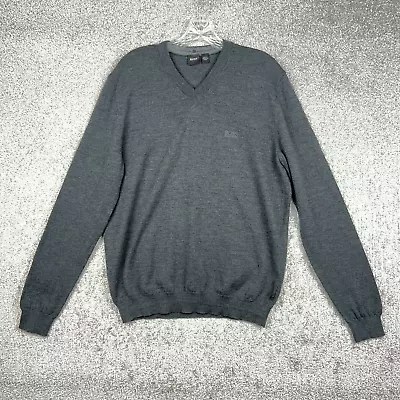 Hugo Boss Sweater Mens XL Gray Virgin Wool V Neck Knit Jumper Long Sleeve • $27.99