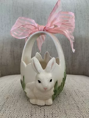 Mud Pie 1998 Ceramic Bunny Basket  Pink Bow  Pre Owned Easter Decor 5.5”x4” • $24