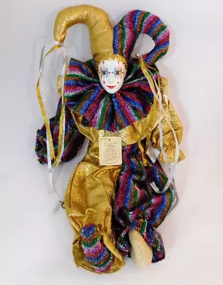 Brinns Harlequin Mardi Gras Jester Doll 15  Gold & Multi Striped Porcelain Face • $20.69