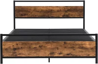 Double Size Bed Frame Platform Metal Slats Support Bed W/ Industrial Headboard • £88.95