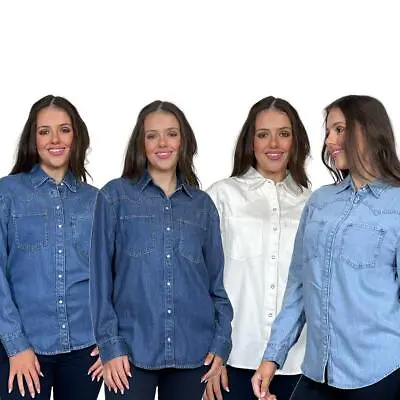 Ladies Casual Popper Front Pure Cotton Long Sleeve Blue Denim Shirt • £13.99