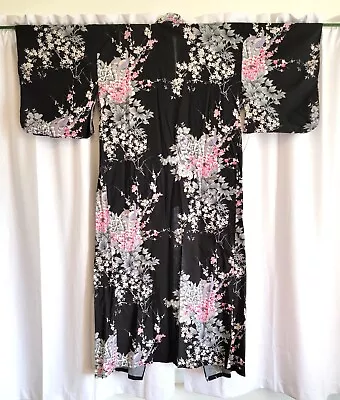 JAPANESE Long Cotton Yukata KIMONO ROBE In BLACK With FLOWERS & BIRDS • £34.74