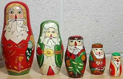 Santa Claus Christmas Wooden Nesting Dolls 5 Piece Hand-painted Vintage • £19.28