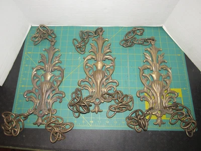 $75 • Buy 3 Vintage Solid Brass Sconce Chandelier Lamp Parts With Draping Chains. Heavy