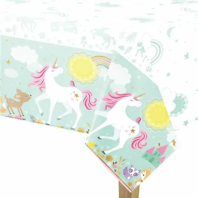 180x120cm Disposable PVC Tablecloth Kids Party Magical Unicorn & 59mm Badge • £6.99