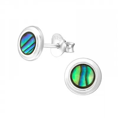 925 Sterling Silver Round Abalone Shell Stud Earrings Boxed • £8.45