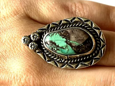 Vintage Turquoise Tear Drop Shape Rope Native American Ladies Ring 925 Size 5.75 • $149.99