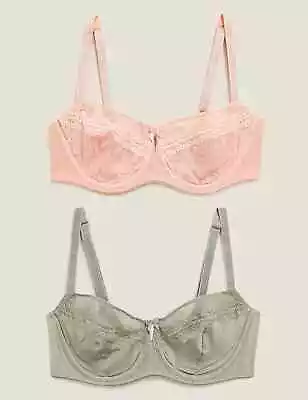 BNWT M&S Pink Mix 2 Pack Embroidered MeshWired Non Padded Balcony Bras    (ST23) • £9.99