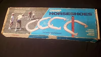 Champ Horseshoes Set Of 4 + 2 Stakes Vintage Pitching Game Blue & Silver  • $56.99