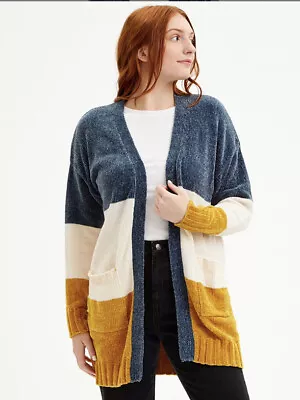 Evelyn Taylor Large Blue & Yellow Color Blocked Chenille Open Cardigan Sweater • $34.93