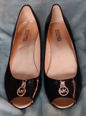 EUC Michael Kors Size 7.5M Black And Gold Peep Toe Wedge Heels  • $11.99