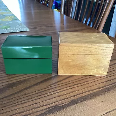 TWO Vintage Green Metal &Oak Wood Recipe/Index Card Boxes NICE!! • $15