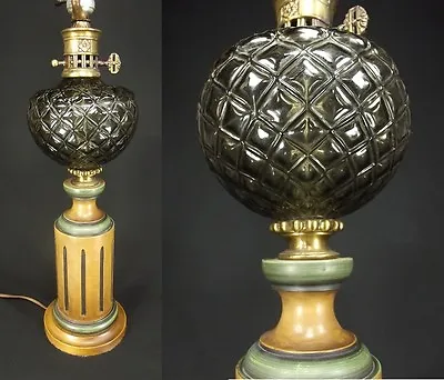 MID CENTURY Modern TABLE LAMP EAMES ERA Teak Ceramic Glass 1960's Column Orb • $77.99