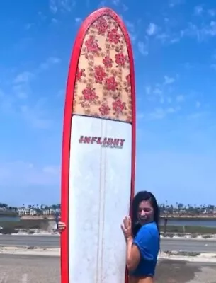 9'10  Retro Red Floral InFlight Surfboard Longboard - SUPER FUN! GREAT CONDITION • $850
