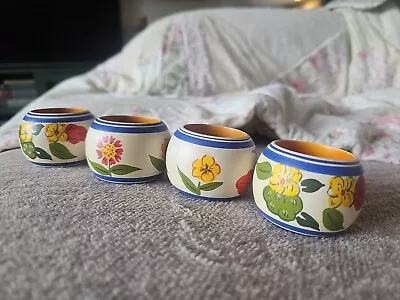 Vintage Napkin Ring Holder Wood Floral  Painted Flowers 2.25  Round 1.4  Set 4 • $14.97