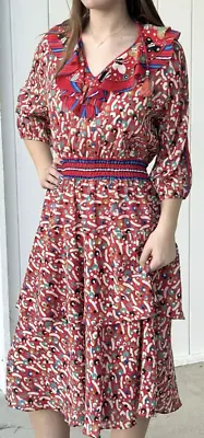 Vintage Diane Freis Dress Rare Pattern Brilliant Red Excellent Boho Chic 80s • $104.85