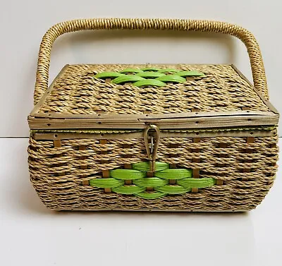 Vintage Sewing Basket Box With Handle Lined Wicker Rattan Japan • $11.90