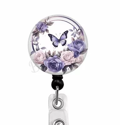 Badge Reel Retractable Badge Holder With Purple Butterfly And Roses T146 • $7.95