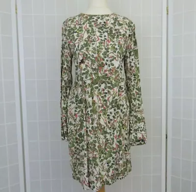 H&M Green Leaf Butterfly Print Smock Dress Size 6 Oversized Pleats • £8.95