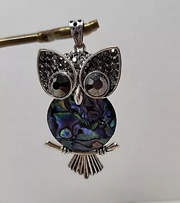 Intricate Owl Abalone Shell Black Rhinestone Necklace 3  Pendant Silvertone  • $19.99