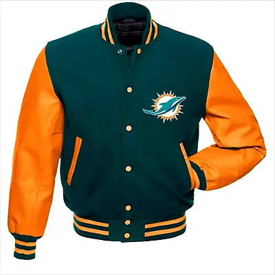 Letterman Miami Dolphins Varsity Jacket With Leathers Sleeves • $139