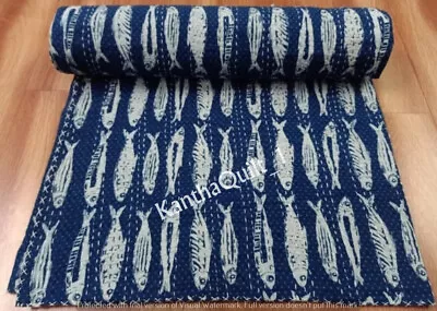 Indian Handmade King Size Cotton Kantha Quilt Blue Fish Blanket Bedspread Throw • £33.06