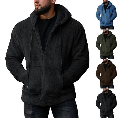 Mens Teddy Bear Fleece Hooded Coat Winter Warm Faux Fur Zip Up Hoodies Outwear • £22.41