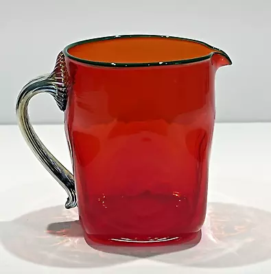 Vintage Signed Michael Sosin Venetian Glass Hand Blown Red Green Small Pitcher • $59.49