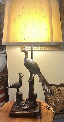 Marbro Bronze Peacock And Chick Large Table Lamp With Original Shade  1960’s • $1250