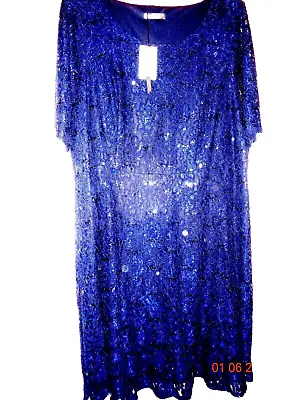 Bnwt £45.00 Size 24 Bm Navy Blue Lace Short-sleeve Lined Dress With Sequins • $37.88