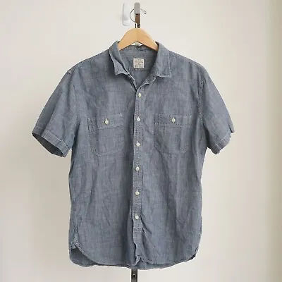 J Crew Mens Chambray Shirt Button Up Short Sleeve Blue Cotton Size XL FITS SMALL • $22.95
