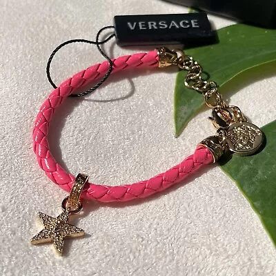 NEW Versace Leather Braided Crystal Star Charm Medusa Head Motif Pink Bracelet • $149.99