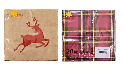 £4.99 • Buy 20 X Reindeer Stag Tartan Plaid Red Paper Napkins 33cm 13  3ply Serviettes Gold