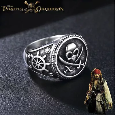 The Pirates Of The Caribbean Jack Sparrow Skull & Swords Antique Silver Ring • £12.45