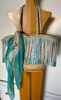 NEW! TOTEM SALVAGED Large Basket Tote W/ Scarf & Painted Leather Handles Fringe • $275