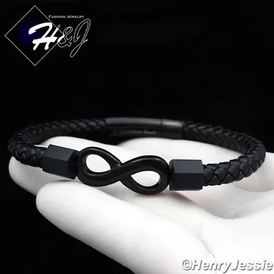 8 MEN WOMEN Stainless Steel Black Plated Infinity Braided Leather Bracelet*BB94 • $18.99